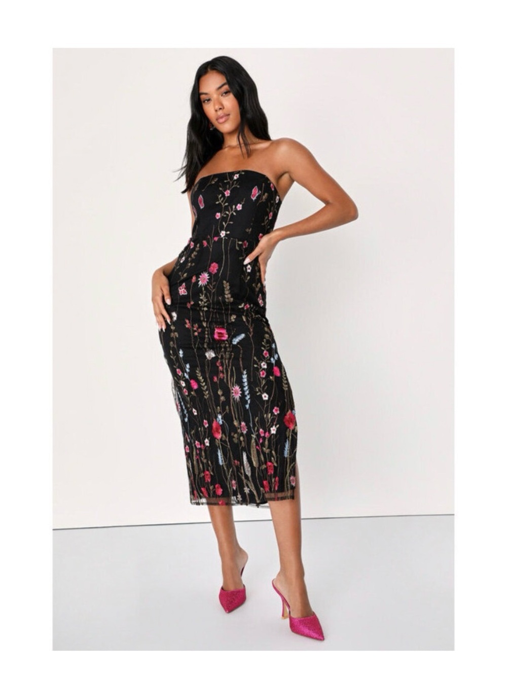 Strapless Black Midi Dress with Pink Floral Embroidery